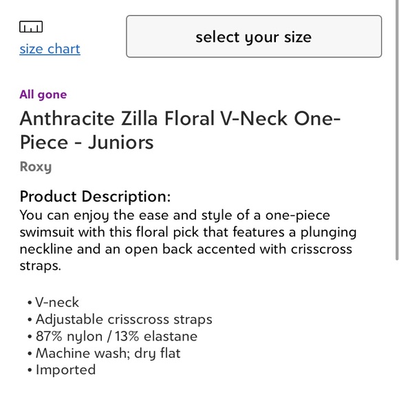 ROXY Anthracite Zilla Floral V-Neck One-Piece Swimsuit Women’s Junior Size Small - Picture 5 of 5